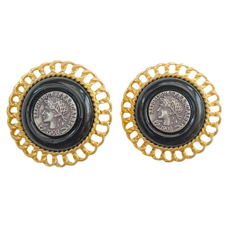 复刻中古夸张蕾丝黑玛瑙头像耳夹