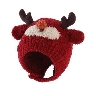 宝宝新年帽子冬季男童加厚红色麋鹿套头帽女孩婴幼儿童保暖护耳帽