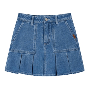 eland kids衣恋童装女童半身裙春秋复古休闲百褶裙学院牛仔裙短裙