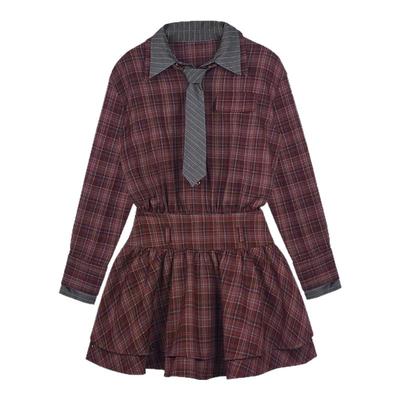 SagiDolls少女斗志 甜酷红格长袖衬衣裙连衣裙百搭显瘦时髦2025春