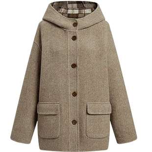 KBNE复古绵羊毛双面两穿双织格纹毛呢外套女2025冬季新款连帽大衣