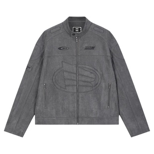 BONELESS刺绣logo麂皮机车夹克秋季美式高街休闲翻领复古外套男