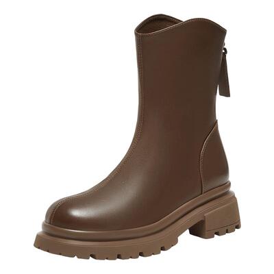 百思图2023冬季新款时尚简约街头时装靴粗跟圆头女短靴M5115DD3