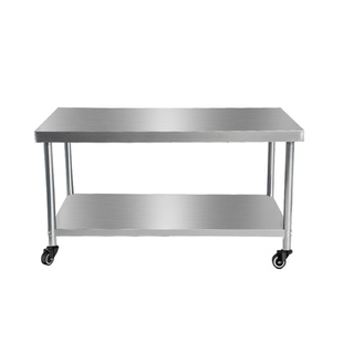 加厚不锈钢带轮移动工作台厨房置物架双层微波炉架收纳桌餐具烤箱