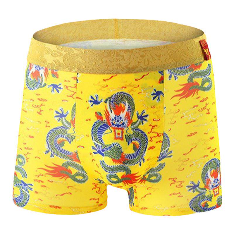 金龙印花纯棉内裤男士潮牌黄色龙纹图案平角裤四角裤青年个性裤头