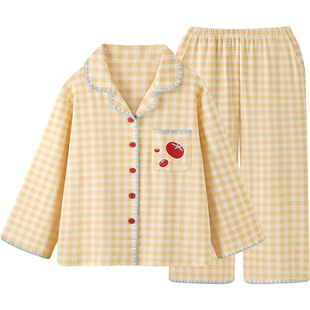 『奶酪番茄』甜美纯棉睡衣女春秋冬新款带胸垫格纹学生家居服套装