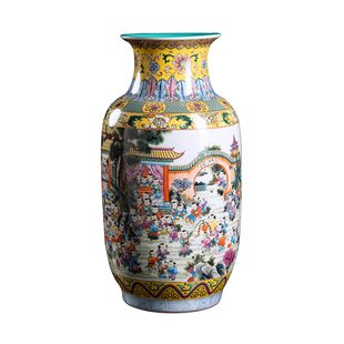 景德镇陶瓷花瓶百子图瓷瓶客厅插花新中式家居装饰瓷器摆件高45cm