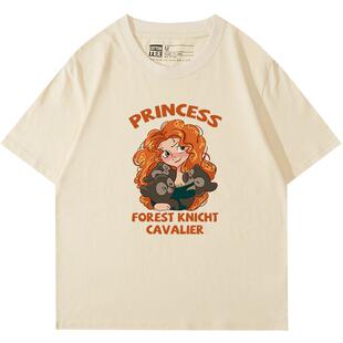 港风学院风卡通宽松正肩杏色短袖t恤女2025夏季新款下衣失踪上衣