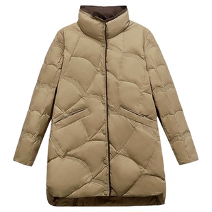 立领几何绗线羽绒服女中长款白鸭绒保暖时尚减龄修身显瘦轻薄外套