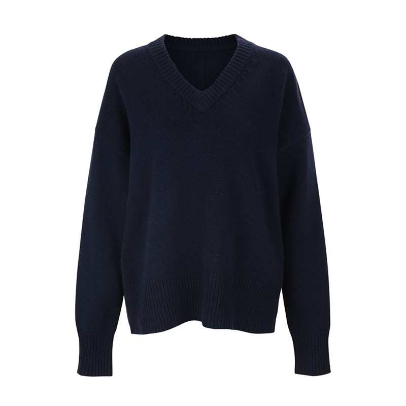 Bettychow 气质更ROW！羊毛羊绒粗纱深蓝大毛衣纯色套头通勤上衣