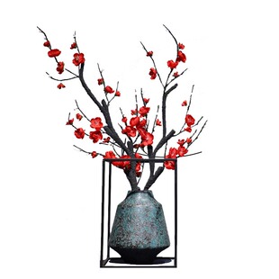 新中式轻奢陶瓷花瓶禅意摆件客厅玄关仿真梅花铁艺复古家居软装饰