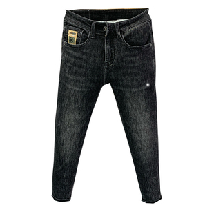 男士牛仔裤2025秋冬新款黑色修身小脚高端刺绣潮流弹力加绒九分裤