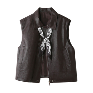 韩系配丝巾pu小皮衣马甲女秋装高级感叠穿polo领无袖坎肩马夹外套