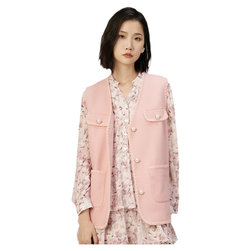 梵凯V领宽松小香风长款女马甲