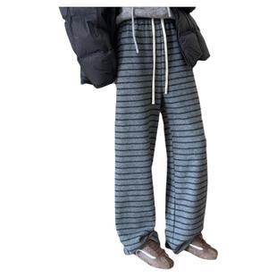 话里宽松羊绒加绒条纹裤2024冬季新款韩版百搭休闲洋气直筒长裤女