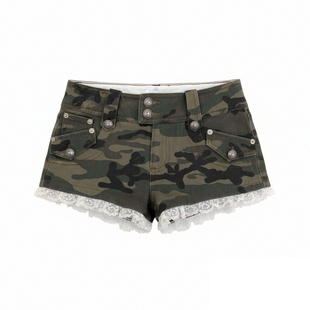 欧美式千禧辣妹迷彩钉珠超短牛仔裤字女低腰修身显瘦a字包臀热裤