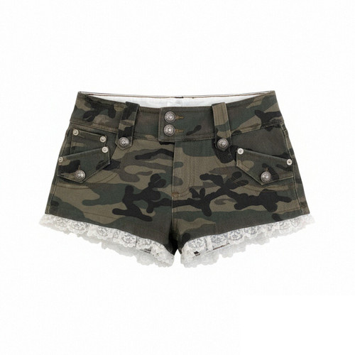 欧美式千禧辣妹迷彩钉珠超短牛仔裤字女低腰修身显瘦a字包臀热裤