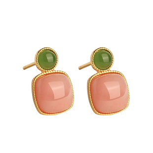 天然澳宝粉欧珀纯银耳钉女和田玉耳环粉色新中式新年过年礼物耳饰