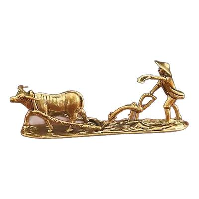 黄铜农夫耕耘摆件老人与牛茶宠办公室铜创意勤奋寓意工艺收藏礼品