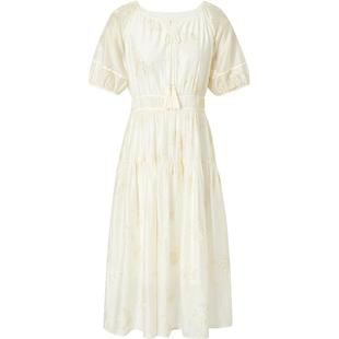 红袖流苏飘逸感双层圆领连衣裙hopeshow2024夏新款插肩袖收腰裙子