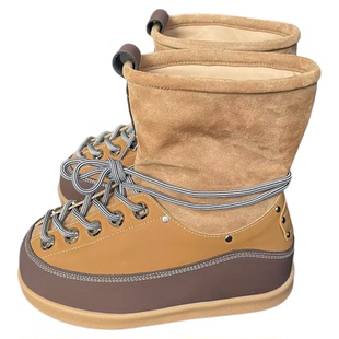 小胖丁新款面包雪地靴女秋冬加绒加厚保暖棉鞋厚底防滑皮面短筒靴