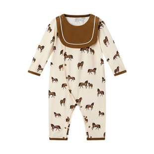 Milkbarn2026春季新品婴儿围兜长袖连体服可爱宝宝爬服哈衣小月龄