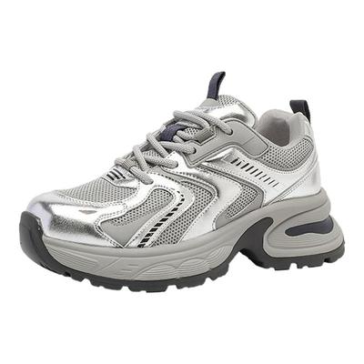 达芙妮女鞋2025新款ins潮厚底银色老爹鞋女透气休闲鞋网面跑步鞋