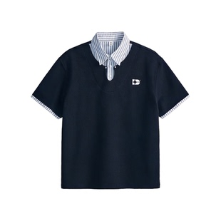 Dream made 假两件衬衫领POLO衫短袖男款夏季高智感条纹男生T恤