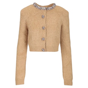 2025秋冬新款女装浅咖色手工订钻羊驼毛混纺长袖针织毛衣上衣开衫