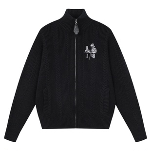 MEDM 粗坑条玫瑰花刺绣休闲保暖拉链毛衣美式男女高领针织衫外套