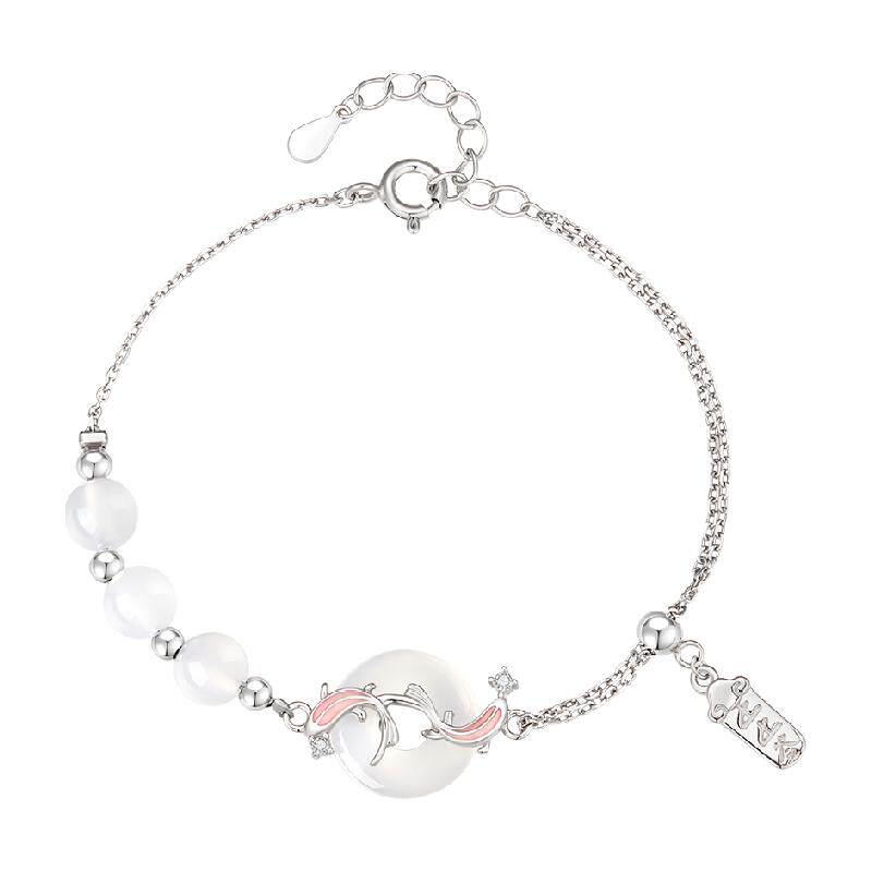 中国黄金珍尚银锦鲤平安扣手链女款银手饰生日礼物送女友闺蜜S925