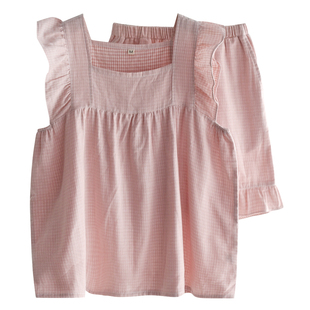 荷叶边格子睡衣女士夏季纯棉纱布薄款宽松吊带背心短裤家居服套装