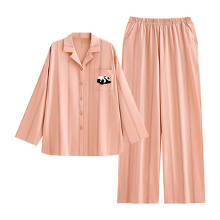 家乐芬睡衣女士春秋款秋季纯棉家居服条纹长袖熊猫套装大码可外穿