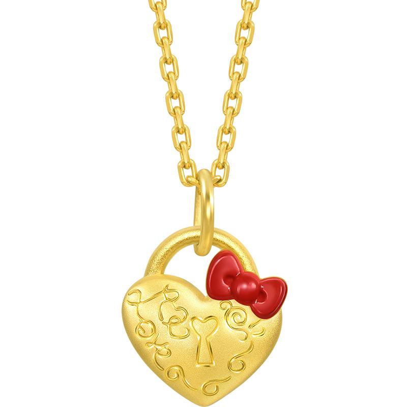 周生生黄金足金三丽鸥家族HelloKitty蝴蝶结爱心锁吊坠94476P