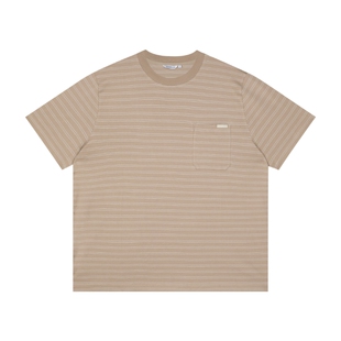 wassuphouse条纹口袋短袖T恤男纯棉轻薄圆领日系条纹百搭情侣上衣