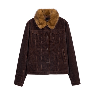 Desigual双色灯芯绒可拆卸毛领长袖夹克女士外套