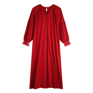 轩靓泡泡棉睡裙女春秋款纯棉长袖红色2026本命年睡衣家居服连衣裙