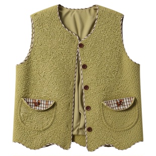 果绿色森系仿羊羔毛马甲背心女春秋新款不规则设计感无袖外套上衣