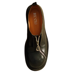 BIUCILI 非对称拉链小众原创复古水洗马皮厚底女单鞋小皮鞋乐福鞋