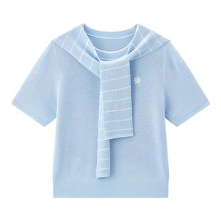 【商场同款】乐町圆领披肩针织短袖夏季新款蓝色上衣T恤C2EEF2313