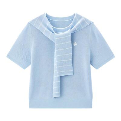 【商场同款】乐町圆领披肩针织短袖夏季新款蓝色上衣T恤C2EEF2313
