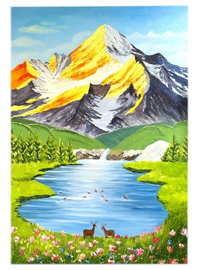 日照金山聚宝盆手绘丙烯肌理画背有靠山山水挂画玄关入户装饰画