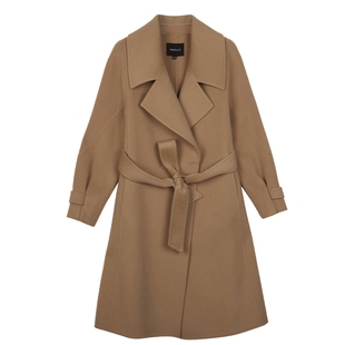 NEELLY纳俪商场同款大气翻领双面呢外套女中长款驼色收腰系带大衣