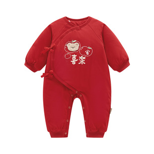 拉比婴儿连体衣宝宝80g棉保暖红色喜庆2025秋冬新生儿新款连体衣