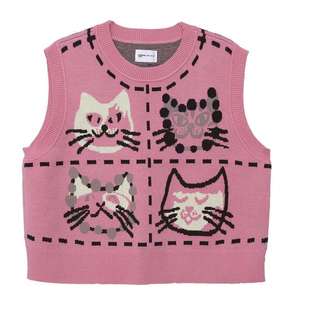 MOVEUP幻走2025秋季新款.FUN系列圆领猫脸休闲短款背心毛衣马甲女