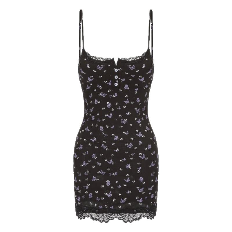 今夕何夕性感睡衣女款2025新款碎花少女带胸垫蕾丝吊带睡裙纯欲风