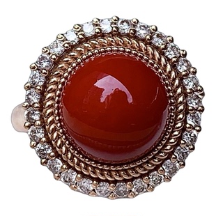 ENIMOL日本aka阿卡牛血红珊瑚戒指女18k金镶钻圆面高级感轻奢礼物