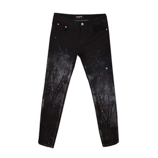 高端黑色潮牌印花牛仔裤2025新款男款秋冬加绒保暖修身时尚九分裤