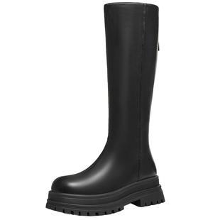 天美意复古厚底骑士靴加绒高筒长靴女鞋子时装靴皮靴冬季新款