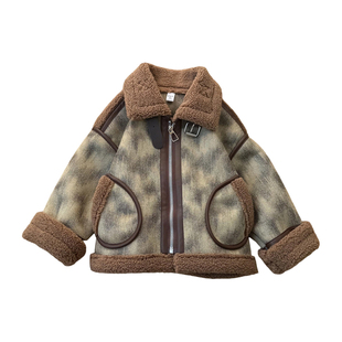 男童复古机车风皮毛一体棉服外套洋气儿童加绒加厚翻领麂皮绒夹克